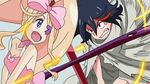  2girls angry battle black_eyes black_hair blonde_hair blue_eye blue_eyes eyepatch harime_nui kill_la_kill long_hair matoi_ryuuko multicolored_hair multiple_girls short_hair smile two-tone_hair 