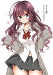  :3 blue_eyes blush breasts brown_hair ichinose_shiki idolmaster idolmaster_cinderella_girls long_hair looking_at_viewer medium_breasts navel off_shoulder school_uniform sleeves_past_wrists smile solo translated tsukudani_norio 