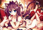  akabane_(zebrasmise) animal_ears anklet barefoot blue_eyes blush brown_hair cat cat_ears cat_tail couch dress feet food fruit hair_ornament jewelry long_hair looking_at_viewer lying on_stomach open_mouth original revision soles solo strawberry tail toes wings wristband 
