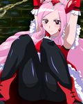  armpits bdsm black_legwear blush bondage bound chain choker cure_passion elbow_gloves fresh_precure! gloves gusset higashi_setsuna highres long_hair muka panties panties_under_pantyhose pantyhose pink_eyes pink_hair precure solo thighband_pantyhose underwear white_choker 