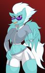  abs anthro anthrofied blue_hair clothing equine eyewear female fleetfoot_(mlp) friendship_is_magic glasses hair horse jacket jrvanesbroek mammal my_little_pony navel pony purple_eyes shorts standing sunglasses tongue tongue_out two_tone_hair white_hair wonderbolts_(mlp) 