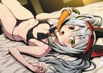  artist_name bare_legs barefoot bikini black_bikini blush breasts carrot cleavage fujimaru_(bluebrand) headgear heterochromia highres infinite_stratos laura_bodewig licking long_hair looking_at_viewer lying navel no_eyepatch on_back open_mouth saliva scan sexually_suggestive shiny shiny_skin silver_hair small_breasts solo sweat swimsuit tongue tongue_out twintails 