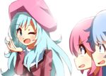  ;d aino_megumi beret blue_eyes blue_hair cure_lovely cure_princess gyahu hair_down happinesscharge_precure! hat hosshiwa long_hair multiple_girls one_eye_closed open_mouth pink_hair pink_hat precure shirayuki_hime simple_background smile white_background 