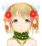  bangs blonde_hair blue_eyes bowl bubble child daisy earrings flower hair_flower hair_ornament jewelry leaf looking_up mimizubare multicolored multicolored_eyes neck_ring nude original short_hair short_twintails solo twintails upper_body water white_background 