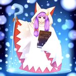  book cosplay crescent final_fantasy hair_ornament hood hood_up long_hair patchouli_knowledge purple_eyes purple_hair romaji shirosato solo staff touhou white_mage white_mage_(cosplay) wide_sleeves 