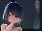  1girl bangs black_hair blue_eyes blurry blurry_background blush closed_mouth collarbone commentary_request dated depth_of_field eyebrows_visible_through_hair hair_between_eyes hand_up highres leaning_to_the_side makadamixa nude original short_hair signature solo tears upper_body wiping_tears 