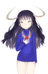  bangs bare_legs black_hair blunt_bangs daisy flower flower_necklace hand_on_own_chest horns jewelry long_hair long_sleeves looking_at_viewer mimizubare multicolored multicolored_eyes necklace no_pants original pansy solo standing sweater turtleneck wavy_hair white_background 