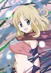 blonde_hair blue_eyes breasts elbow_gloves gloves hainchu highres large_breasts long_hair open_mouth original scarf smile solo torn_clothes yamagata_korisa 