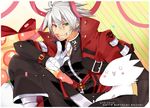  black_pants blazblue doll happy_birthday heterochromia jacket pants ragna_the_bloodedge red_jacket silver_hair uzukinoko 