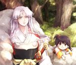  1girl age_difference armor bangs black_hair child crescent_moon dai_(mebae16) demon_boy facial_mark forehead_mark forest fur inuyasha long_hair moon nature parted_bangs pointy_ears rin_(inuyasha) sesshoumaru side_ponytail silver_hair slit_pupils smile sunlight sword tree weapon yellow_eyes 