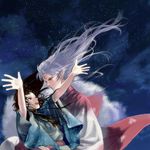  1girl black_hair demon_boy facial_mark floating_hair fur holding inuyasha japanese_clothes kimono long_hair night night_sky niko_(silent.whitesnow) older open_mouth outstretched_hand pointy_ears rin_(inuyasha) sesshoumaru silver_hair sky star_(sky) starry_sky 