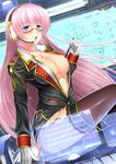  :o bad_id bad_pixiv_id blush breasts center_opening cleavage eighth_note floating_screen glasses gloves headset jewelry large_breasts long_hair megurine_luka musical_note pendant pink_hair shibata_rai shiny shiny_skin solo thighhighs very_long_hair vocaloid 