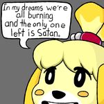  black_nose blush canine dialog dog english_text female isabelle_(animal_crossing) mammal nintendo plain_background solo text unknown_artist video_games 