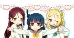  &gt;:) 3girls ;d bangs black_feathers blonde_hair blue_hair blunt_bangs bow bowtie braid commentary_request crown_braid drop_shadow feathers green_neckwear guilty_kiss_(love_live!) hair_feathers hair_ornament hair_rings hairclip half_updo hand_on_hip long_hair long_sleeves love_live! love_live!_sunshine!! multiple_girls neckerchief ohara_mari one_eye_closed open_mouth outstretched_arms purple_eyes red_hair red_neckwear sakurauchi_riko school_uniform serafuku side_bun smile spread_arms tsushima_yoshiko umekichi upper_body uranohoshi_school_uniform w_over_eye white_background yellow_eyes yellow_neckwear 