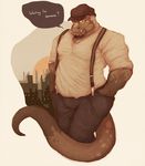  beard biceps city clothing dialog facial_hair fangs hands_in_pockets hat invalid_tag lizard male muscles pants pose reptile scalie shirt solo suspenders teeth text thick_tail vetrowolf 