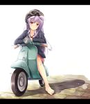  animal_ears barefoot bunny_ears goggles goggles_on_headwear ground_vehicle helmet jacket letterboxed long_hair long_sleeves looking_at_viewer motor_vehicle necktie ouka_(ra-raradan) purple_hair red_eyes reisen_udongein_inaba scooter shirt skirt solo touhou very_long_hair vespa 