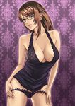  bangs bare_shoulders black-framed_eyewear blue_eyes breasts brown_hair chemise cleavage cowboy_shot din_(raiden) ear_piercing earrings fingernails frilled_panties frills glasses jewelry lace large_breasts lingerie lip_piercing long_fingernails long_hair looking_at_viewer original outline panties panty_pull parted_lips piercing purple_background semi-rimless_eyewear sideboob sidelocks solo standing swept_bangs under-rim_eyewear underwear underwear_only undressing viola_starfield 