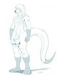  anthro balls big_balls hair jindragowolf long_hair male monochrome nude penis plain_background reptile scalie scar sketch solo standing white_background 