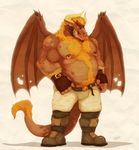  belly belt biceps blonde_hair body_hair boots chest_tuft chubby clothing dragon fangs fingerless_gloves fur gloves hair hairy happy_trail horn male musclegut muscles nipple_piercing nipples pecs piercing pose shorts solo teeth tongue tongue_out topless tuft vetrowolf wings wrestler 