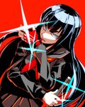  alternate_costume bad_id bad_pixiv_id bangs banned_artist biting black_hair blue_eyes cosplay eyebrows fingerless_gloves glove_biting gloves hand_on_hilt kill_la_kill kiryuuin_satsuki long_hair matoi_ryuuko matoi_ryuuko_(cosplay) reverse_grip s_tanly senketsu single_glove skirt solo thick_eyebrows 