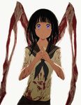  bad_id bad_pixiv_id black_hair blood chitanda_eru commentary crossover dead_space hand_print hands_together horror_(theme) hyouka looking_at_viewer necromorph purple_eyes school_uniform serafuku simple_background slasher_(dead_space) smile solo white_background yrsknish 