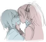  bad_id bad_pixiv_id blue bow cape hair_bow kuwabara_(medetaya) licking long_hair magical_girl mahou_shoujo_madoka_magica miki_sayaka monochrome multiple_girls ponytail red sakura_kyouko short_hair yuri 