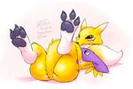  black_sclera blue_eyes blush butt claws convenient_censorship cute digimon digitigrade drjavi female foot_focus hindpaw legs_up looking_at_viewer lying nude on_back paws plain_background renamon shy soles solo tail_grab toes white_background 