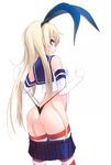  ass black_panties blonde_hair blue_eyes elbow_gloves gloves hair_ribbon kantai_collection long_hair looking_at_viewer panties panty_lift ribbon shimakaze_(kantai_collection) simple_background smile solo sora_to_umi striped striped_legwear thighhighs thong underwear wedgie white_background white_gloves 