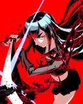  alternate_costume alternate_eye_color bad_id bad_pixiv_id banned_artist black_hair blood cosplay eyebrows fighting_stance fingerless_gloves gloves katana kill_la_kill kiryuuin_satsuki long_hair matoi_ryuuko matoi_ryuuko_(cosplay) midriff red_eyes s_tanly senketsu single_glove slashing spoilers suspenders sword thick_eyebrows weapon 