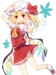  ascot blonde_hair blush bow flandre_scarlet hat kohaku. looking_at_viewer open_mouth red_eyes side_ponytail simple_background smile solo touhou white_background wings 