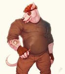 belly biceps bull_terrier canine chubby cigarette clothing dog fingerless_gloves gloves hat male mammal muscles pants plain_background pose shirt smoke solo tattoo tongue tongue_out vetrowolf 