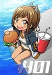  bacon blush brown_eyes brown_hair cheese cup drink drinking_straw emu_(toran) food hamburger headgear highres i-401_(kantai_collection) jacket kantai_collection lettuce looking_at_viewer one-piece_swimsuit open_mouth partially_submerged ponytail sailor_collar school_swimsuit school_uniform short_hair short_ponytail sitting smile solo swimsuit swimsuit_under_clothes tan water 