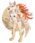  1oi 2019 absurd_res amaterasu anthro breasts canid canine canis capcom deity digital_media_(artwork) female fire fur hi_res mammal markings nipples nude orange_eyes pussy simple_background smile solo standing video_games white_fur wolf ōkami 