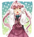  ahoge bad_id bad_tumblr_id bag dated double_bun dress glasses kantai_collection long_dress makigumo_(kantai_collection) oversized_clothes pink_hair semi-rimless_eyewear shiyun sleeves_past_fingers sleeves_past_wrists translated twintails under-rim_eyewear yellow_eyes 