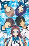  3boys black_hair blue_eyes blue_hair brown_hair circle_formation closed_eyes dress hiradaira_chisaki isaki_kaname kihara_tsumugu lavender-iced long_hair lying mukaido_manaka multiple_boys multiple_girls nagi_no_asukara one_eye_closed sailor_collar sailor_dress sakishima_hikari school_uniform serafuku short_hair side_ponytail 