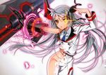  ahoge artist_name digital_dissolve eyepatch eyepatch_removed gauntlets groin henshin heterochromia highres huge_weapon infinite_stratos laura_bodewig long_hair murakami_yuichi no_panties parted_lips scan school_uniform silver_hair solo sparkle transformation weapon 