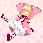  &gt;_&lt; :d arms_up blonde_hair bow closed_eyes drill_hair hina_ichigo kouji_(campus_life) md5_mismatch open_mouth pink_bow ribbon rozen_maiden smile solo twin_drills twintails 