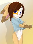  bottomless brown_hair clothing cub female fur hair iirexii lagomorph looking_at_viewer mae mammal navel paige pink_nose pussy rabbit shirt solo tan_fur young 