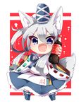  animal_ears blue_eyes blush bottle bubble chibi dog_ears dog_tail fang giving grey_hair hat highres kaenuco kemonomimi_mode long_hair mononobe_no_futo open_mouth ribbon smile soft_drink solo tail touhou 