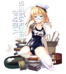  adjusting_eyewear aqua_eyes blonde_hair book coffee_cat glasses hair_ribbon hat i-8_(kantai_collection) kantai_collection long_hair looking_at_viewer one-piece_swimsuit red-framed_eyewear ribbon school_swimsuit sitting smile solo swimsuit thighhighs torpedo twintails weapon white_legwear 