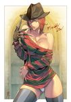  a_nightmare_on_elm_street bare_shoulders black_legwear blood blue_eyes breasts claw_(weapon) cleavage fedora freddy_krueger genderswap genderswap_(mtf) hat homare_(fool's_art) large_breasts licking licking_weapon off_shoulder panties pantyshot red_hair short_hair solo striped sweater thighhighs underwear weapon white_panties 