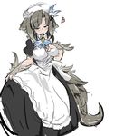  animal_ears breasts closed_eyes dog_ears feathers grey_hair hair_feathers hat heart kikimora_(monster_girl_encyclopedia) large_breasts light_smile maid monster_girl monster_girl_encyclopedia short_hair simple_background skirt_hold solo syannhai-doll tail white_background 