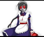  1girl apron black_hair braid chainsaw gas_mask highres long_hair maid maid_(.flow) maid_headdress neck_ribbon oboro_(lovevaria) ribbon solo standing very_long_hair 