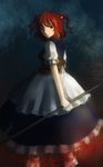  blue_background dress flower frown gradient gradient_background hair_bobbles hair_ornament highres layered_dress looking_at_viewer looking_back obi onozuka_komachi polearm puffy_short_sleeves puffy_sleeves red_eyes red_hair sash short_hair short_sleeves solo spider_lily tamae_(pixiv40276) touhou two_side_up weapon 