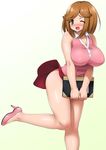  blush breasts brown_eyes brown_hair full-face_blush gradient gradient_background high_heels large_breasts leg_lift looking_at_viewer mai_machiko maicching_machiko-sensei notebook one_eye_closed onomeshin open_mouth shiny shiny_skin shirt short_hair skirt skirt_lift sleeveless sleeveless_shirt solo taut_clothes taut_shirt wind wind_lift 