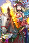  2014 bad_id bad_pixiv_id blonde_hair blue_eyes fire gen_1_pokemon hat horn horse japanese_clothes kimono long_hair motoki_(hisano_motoki) new_year pokemon pokemon_(creature) pokemon_(game) pokemon_xy rapidash serena_(pokemon) thighhighs translation_request white_horse 