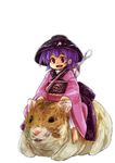  :d absurdres animal barefoot blue_hair bowl bowl_hat hamster hat highres japanese_clothes kimono leaf_print looking_at_viewer minigirl needle obi open_mouth purple_eyes purple_kimono riding round_teeth sash short_hair sitting smile solo straddling sukuna_shinmyoumaru teeth touhou waira weapon yukata 