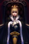  ahoge artoria_pendragon_(all) avalon_(fate/stay_night) blonde_hair cape crown dress excalibur fate/stay_night fate_(series) fur_trim green_eyes highres realistic saber sheath sheathed signature sitting solo sword throne tomoekou weapon 