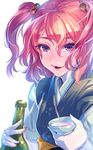  alcohol bottle bowl hair_bobbles hair_ornament japanese_clothes lips long_sleeves looking_at_viewer onozuka_komachi open_mouth puffy_sleeves red_eyes red_hair sake sake_bottle simple_background smile solo touhou two_side_up white_background zounose 