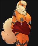  5_fingers anthro anthrofied anuvia arcanine big_breasts big_nipples black_background breast_milk breasts canine clothed clothing female fur half-dressed happy looking_at_viewer mammal nintendo nipples plain_background pok&#233;mon pok&eacute;mon sharp_teeth smile solo standing teeth tongue video_games 